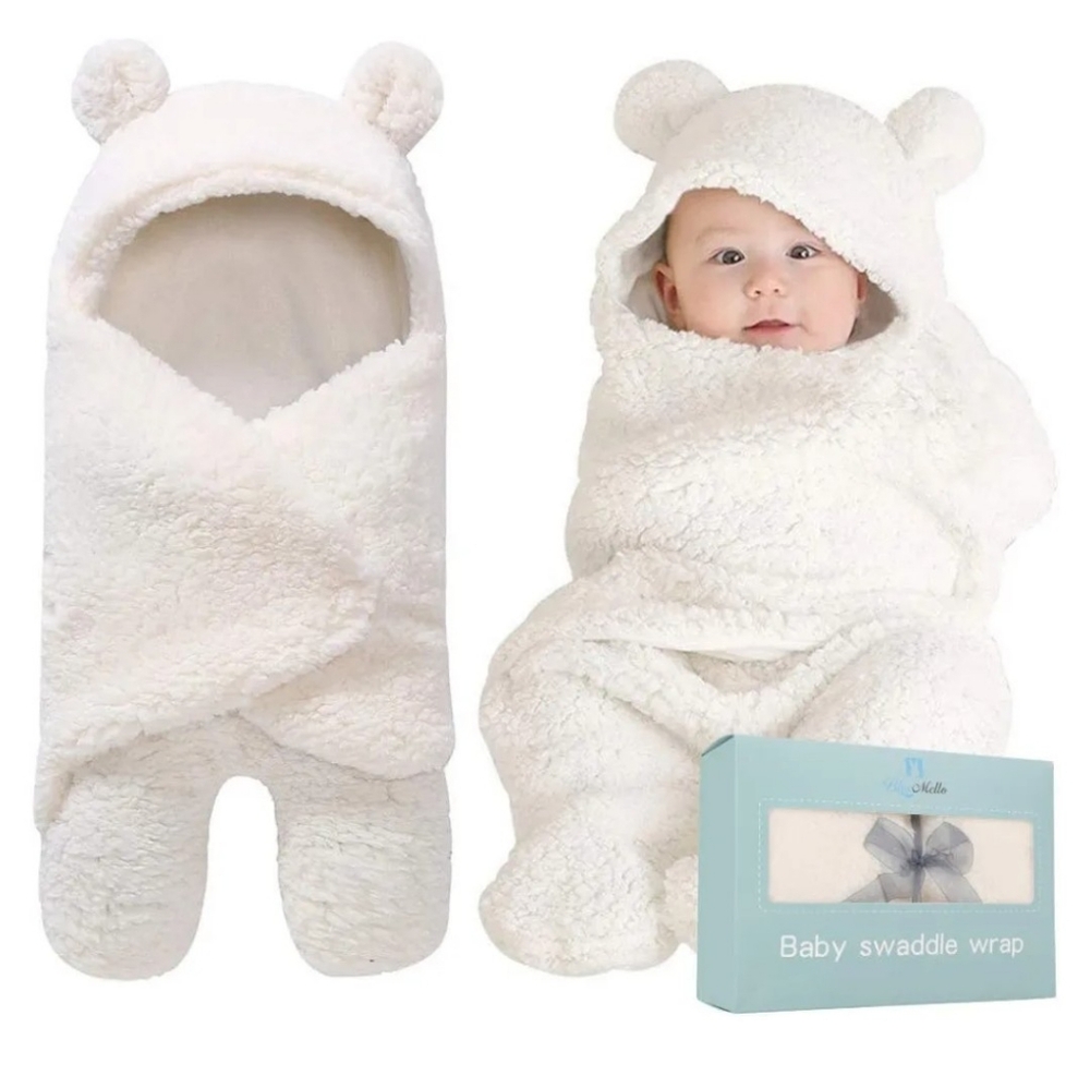 Blue Mello baby swaddle wrap, bear theme, white fluffy